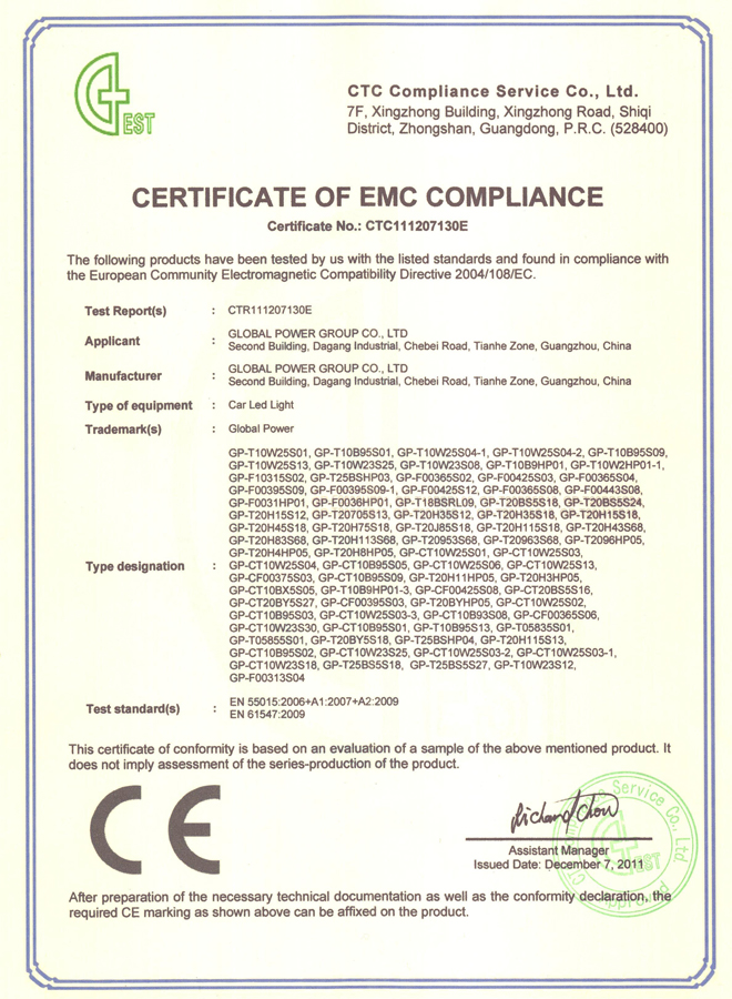 car led light certificate